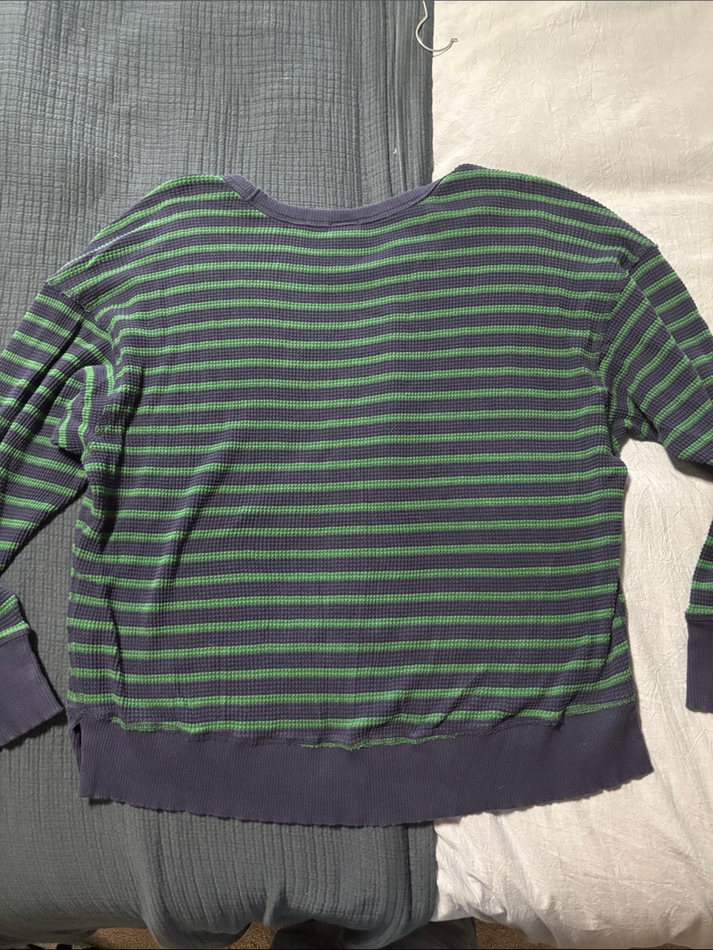aerie Women's Green and Navy Striped Waffle Crewneck Sweater - Picture 3 of 7